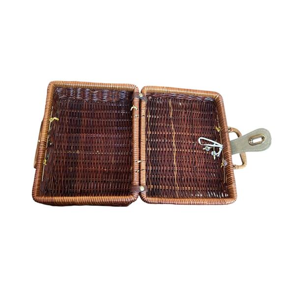 Vintage Brown Rattan Box Purse / Wicker Picnic Basket Case - - Picture 3 of 4